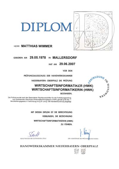 Diplom von Matthias Wimmer als Wirtschaftsinformatiker
